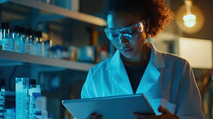 Poster - Young Female Scientist in Laboratory Focused on Tablet Device, Surrounded by Glassware, Research Equipment, and Dim Ambient Lighting