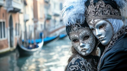 Venetian Masquerade Romance: Two elegantly masked figures embrace on a picturesque Venetian canal, gondolas gliding softly in the background.