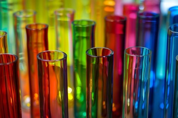 Poster - Close up of colorful test tubes creating a vibrant and dynamic backdrop for scientific concepts