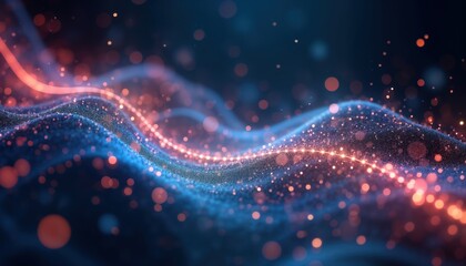 Poster - Abstract illustration of quantum tech. Waves, particles form patterns. Futuristic graphic design of energy field. Glowing lines, spheres create complex shapes. Dynamic abstract art. Stylish science