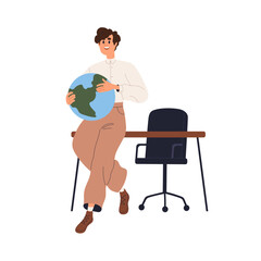 Poster - Geography teacher standing by desk with globe during lecture. Happy man lecturer speaking, teaching nature science in class, study room. Flat vector illustration isolated on white background