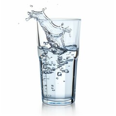 Poster - Water splashing into a glass, creating bubbles, on white background