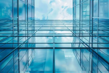 Poster - Low angle view of modern glass skyscraper reflecting blue sky and clouds
