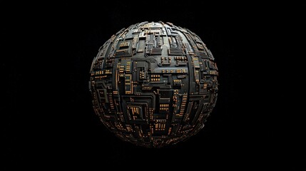 Fototapete - Abstract spherical representation of a futuristic network structure with intricate circuits and glowing components on a dark background, symbolizing technology and innovation