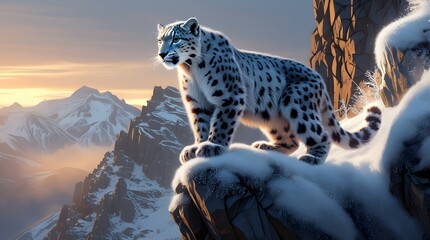 snow leopard at mountain peak