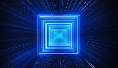 Poster - glowing blue square tunnel with radiating light streaks.