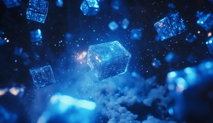 Poster - Glowing blue cubes float in dark space, emitting light and particles.