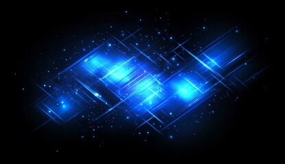 Poster - abstract blue glowing light streaks and particles on a black background.