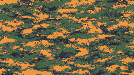 Poster - Camouflage fabric pattern in orange and green with abstract design elements and textures