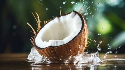 Coconut halves splash water in tropical setting, highlighting freshness and natural beauty