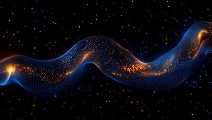 Poster - Abstract blue and orange glowing wave particles on black background.
