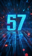 Poster - glowing blue digital number 57 on technology background, circuit board, big data concept