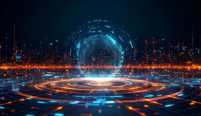 Poster - Futuristic digital globe surrounded by glowing circuits and city lights.