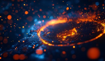 Poster - abstract glowing particles swirling, forming a fiery vortex.