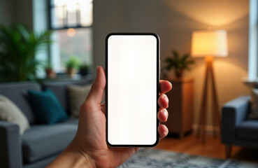 Aufkleber - Hand holds smartphone with empty screen. Modern tech device in interior. Home automation app for smart tech. Person using smart tech at home. Wireless connection of devices. Living room with blurred