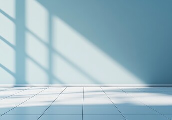 Poster - Sunlight streams through window onto a light blue wall and white tiled floor.