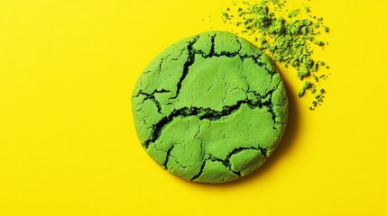 Poster - Green cookie with a hole in the middle sits on a yellow background. The cookie is surrounded by green powder, which is likely matcha powder. Concept of freshness and healthiness