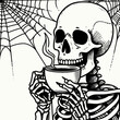© Kikapom - A playful skeleton enjoys a warm drink, surrounded by a spider web, capturing a whimsical take on life and death themes.