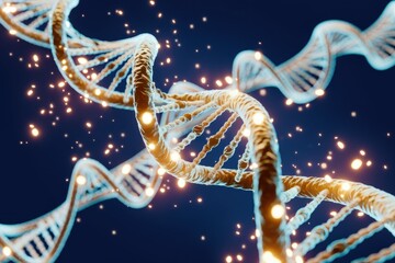 Poster - Illuminated DNA double helix structure, glowing with particles, representing genetics and life's code.