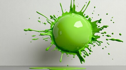 Poster - Green ball with green paint splattered all over it. The ball is floating in the air, surrounded by a green splash of paint. Concept of playfulness and creativity