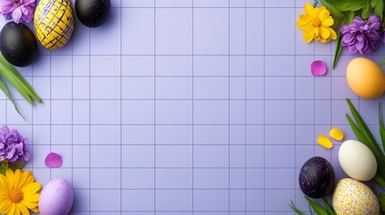 Poster - Purple and yellow background with a grid of squares. A bunch of eggs are scattered around the background