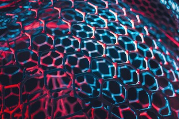 Poster - Abstract hexagonal lattice structure illuminated with vibrant red and blue lighting, creating a visually striking pattern.