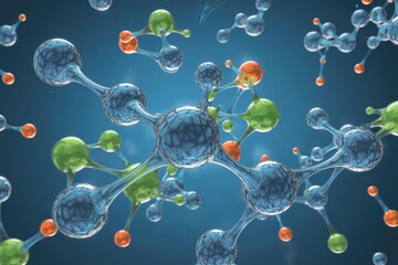 Poster - Abstract 3D rendering of molecule model with interconnected atoms, showcasing vibrant color variations.