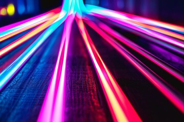 Aufkleber - Vibrant neon lights are creating a futuristic atmosphere on a dark wooden surface
