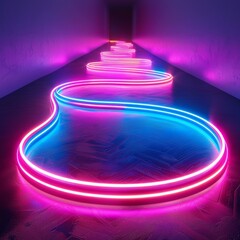 Poster - blue and pink neon lights are forming a path leading to a dark mysterious corridor