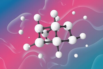 Poster - 3D rendering of a molecule model with white and black spheres on a vibrant pink and blue background.