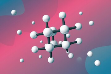 Poster - 3D model of a molecule with white spheres and black bonds against a pink and blue background.