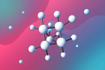 Poster - Abstract 3D rendering of a molecule structure with white spheres and black bonds against a vibrant gradient background.