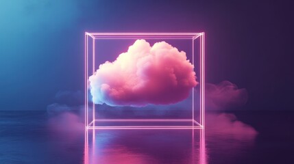 Wall Mural - Pink Cloud Neon Cube Abstract Digital Art Surreal Scene