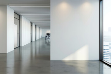 Aufkleber - Empty white office wall Mockup. Blank modern bright interior softly lighted by a large window. Generative ai