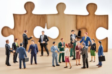 Poster - Businesspeople in suits networking near a large wooden jigsaw puzzle representing collaboration and partnership.