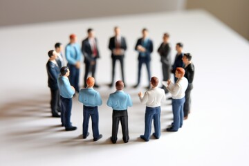 Poster - Miniature figures of businesspeople in a circle, representing a team meeting or collaborative discussion.