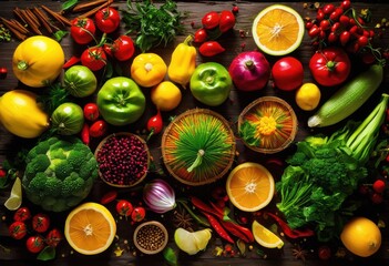 Wall Mural - vibrant ingredients dynamic flat lay arrangement showcasing colorful spices captivating culinary display, vegetables, fruits, colors, food, herbs, fresh