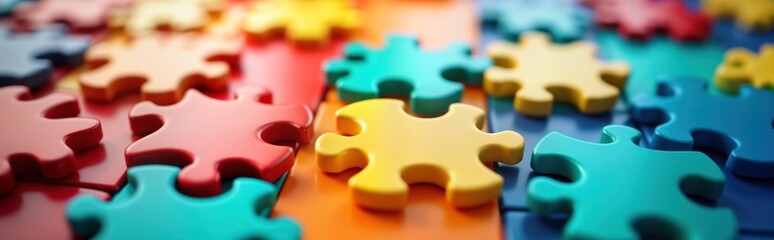 Aufkleber - Colorful puzzle pieces form vibrant pattern. Pieces fit together seamlessly. Solution, idea, teamwork concepts apparent. Business, modern design features highlighted. Abstract shapes of puzzle image.