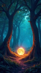 Wall Mural - ancient trees tower above glowing forest floor, twisted trunks, glowing foliage, glowing crystal ball