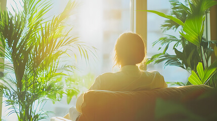 Poster - Person sitting on a couch in front of a large window with natural light streaming in
