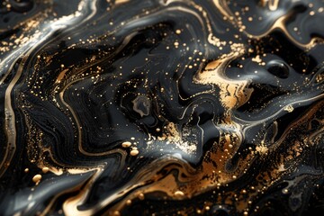Poster - Abstract black and gold fluid art painting with mixing colors creating swirls and bubbles