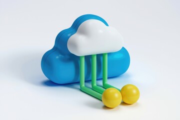 Poster - 3D rendering of a blue cloud with green pipes and yellow spheres, symbolizing data transfer or cloud computing.