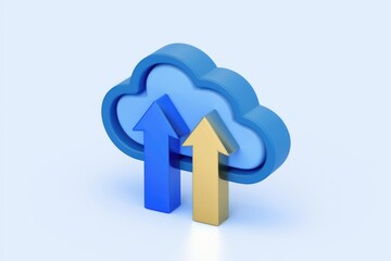 Poster - 3D rendering of cloud storage with upward arrows symbolizing data uploading and fast transfer.