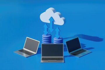 Poster - Cloud computing concept: Data transfer between laptops and cloud storage via server.