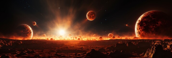 Wall Mural - vibrant cosmic landscape with distant planets and a fiery horizon. generative ai
