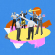 © master1305 - Group of professionals, team standing and discussing strategy and ideas of project, working on creativity and security. Conceptual art collage. Concept of teamwork, collaboration, achievement