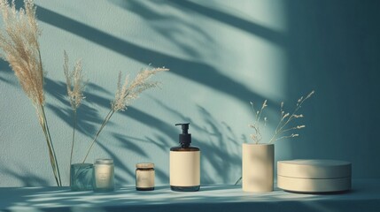 Poster - minimalistic simple abstract light blue background for product presentation. shadow and light from w