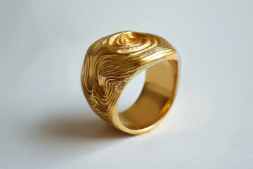 Poster - Gold ring with a wavy pattern casting a shadow on a white background