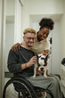 © Seventyfour - Vertical shot of cheerful man using wheelchair petting cute French bulldog sitting on lap while African American girlfriend giving him heartfelt embrace at home