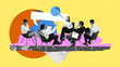 © master1305 - Team members sitting with speech bubbles and actively discussing ideas. Analytics, brainstorming and effective strategy. Conceptual art collage. Concept of teamwork, collaboration, achievement